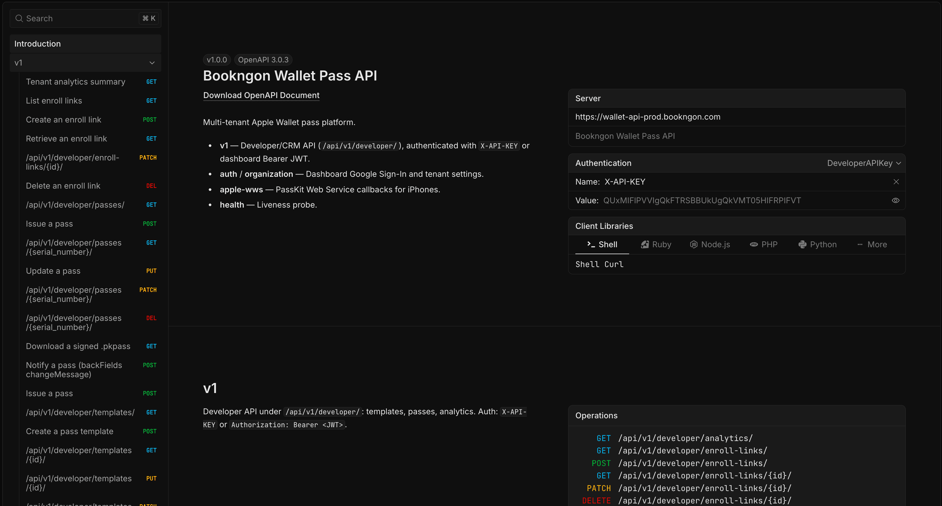 Bookngon Wallet Pass API documentation — interactive OpenAPI reference with endpoints, authentication, and code samples